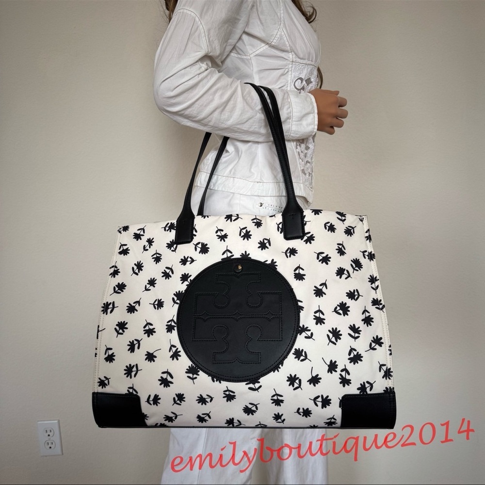 Tory Burch White and Black Printed Canvas Tote with Black Leather Logo